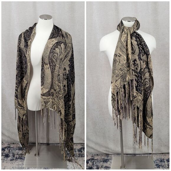 CBK Silk Paisley Tapestry Fringe Shawl Scarf - Picture 6 of 15